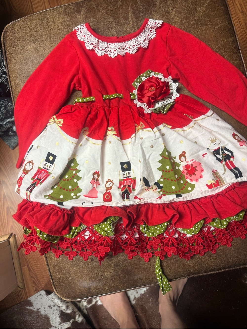 Festive Red Nutcracker & Tree Holiday Dress for Girls
